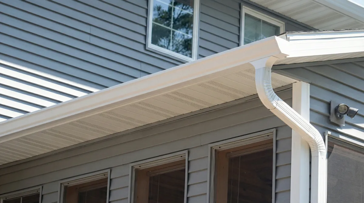 Professional home remodeling project showing newly installed white seamless gutters and downspouts on a house with gray siding in Miami, FL