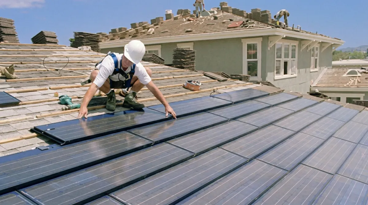 Roof replacement expert installing modern solar shingles on a residential home in Miami, FL