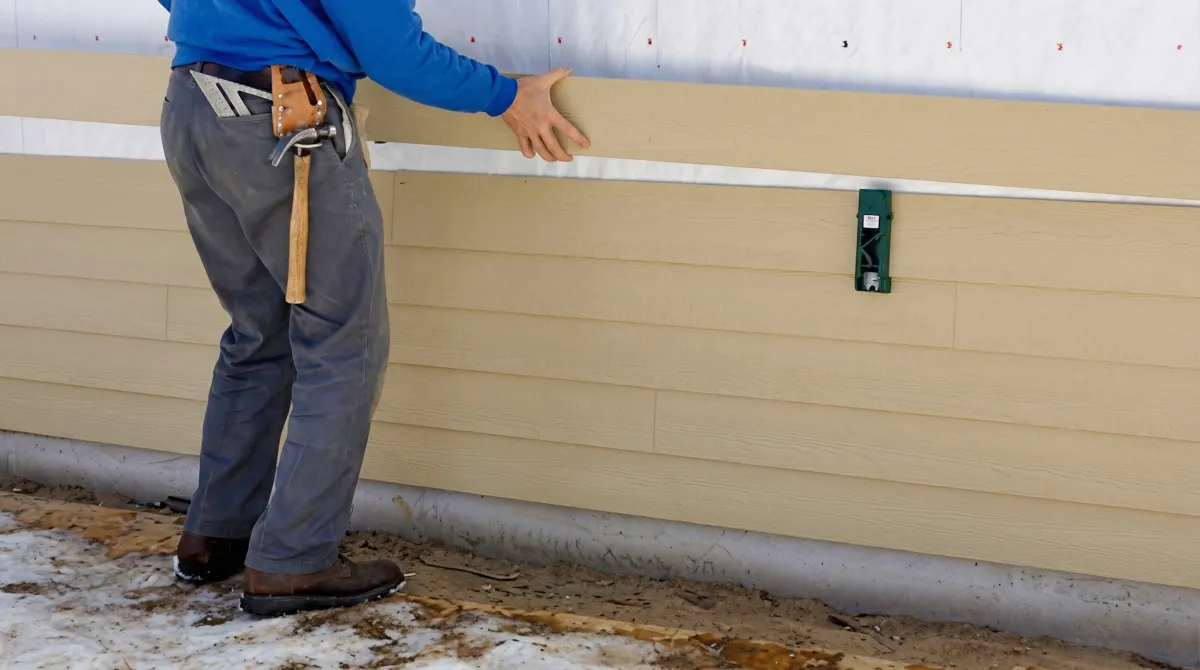 Siding replacement expert carefully aligning a new tan siding panel onto a residential exterior wall in Miami, FL