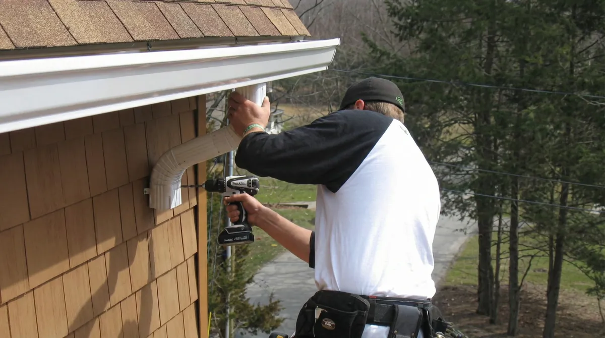 Professional contractor installing tan vinyl siding panels on a residential home exterior in Miami, FL