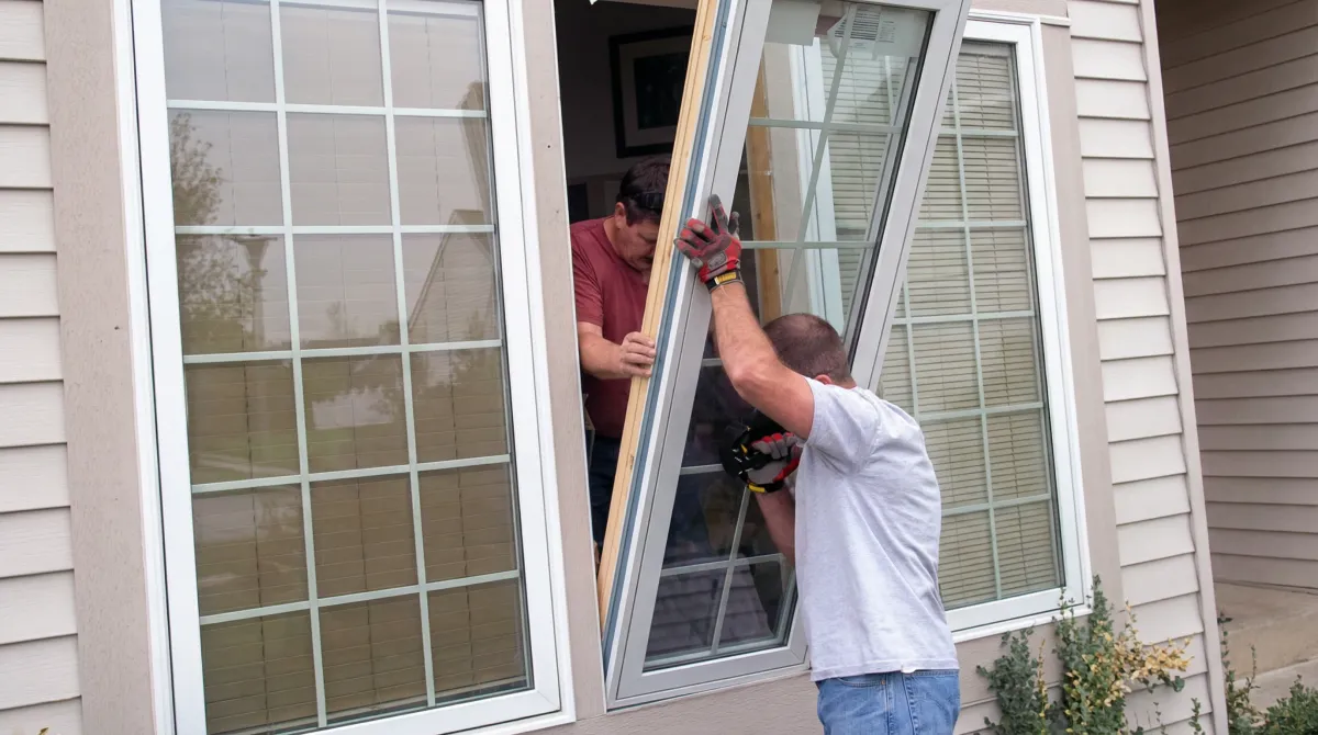 Professional home remodeling team installing a large replacement window on a house with tan siding in Miami, FL